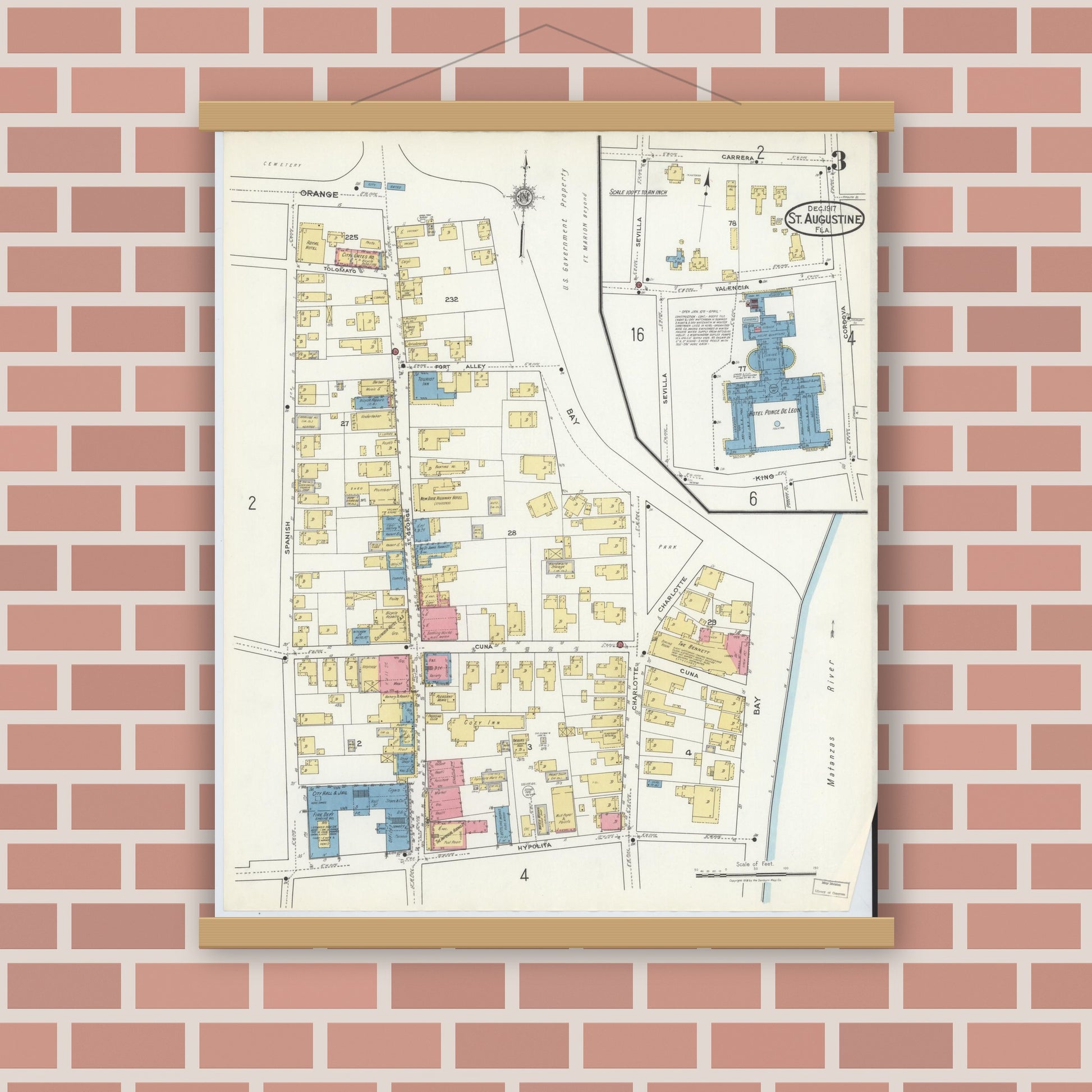 Old map wall art mockup — magnetic wood frame on brick wall — Sanborn Fire Insurance Map from Saint Augustine, Saint John's County, Florida (1917), Sheet #0003