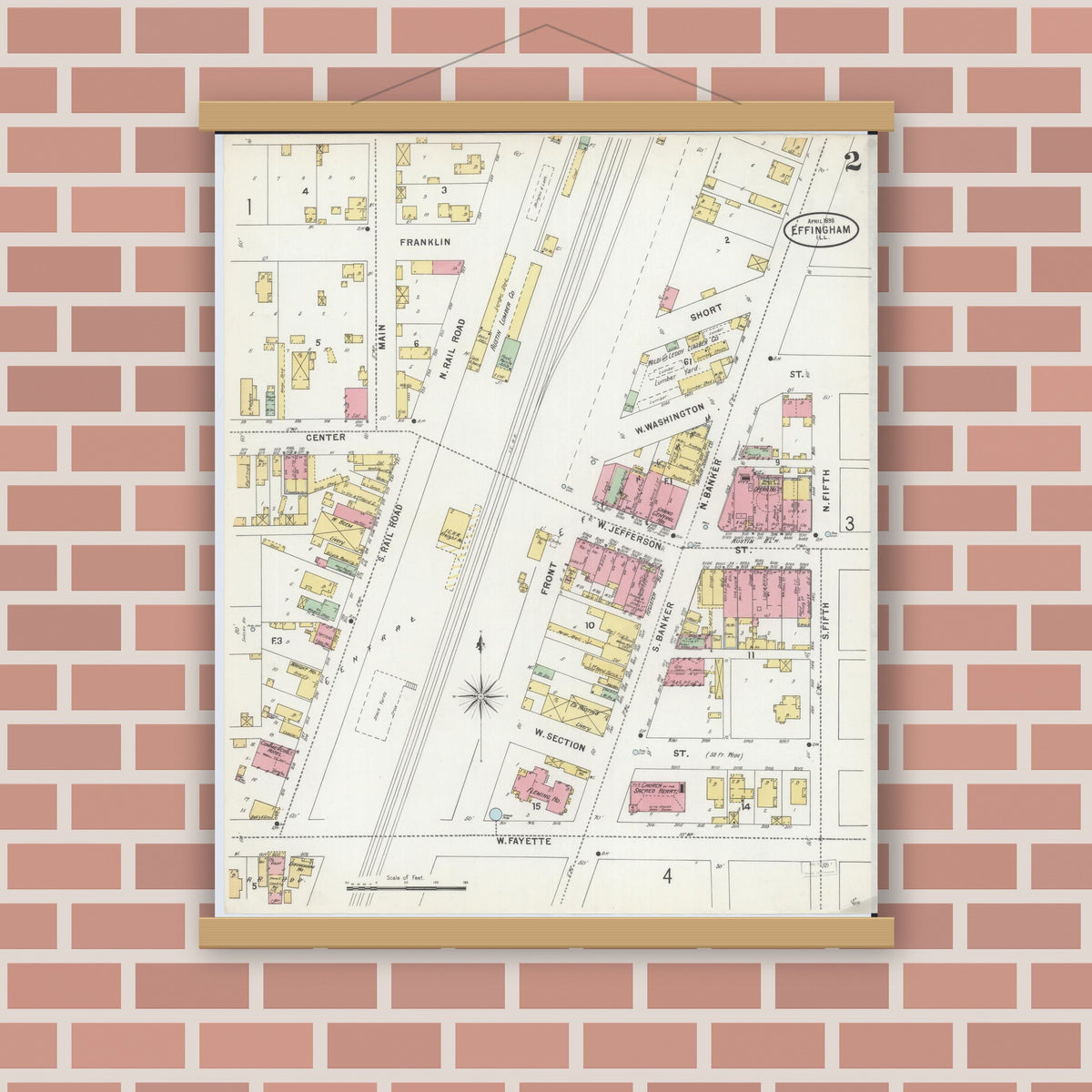 Old map wall art mockup — magnetic wood frame on brick wall — Sanborn Fire Insurance Map from Effingham, Effingham County, Illinois (1898), Sheet #0002