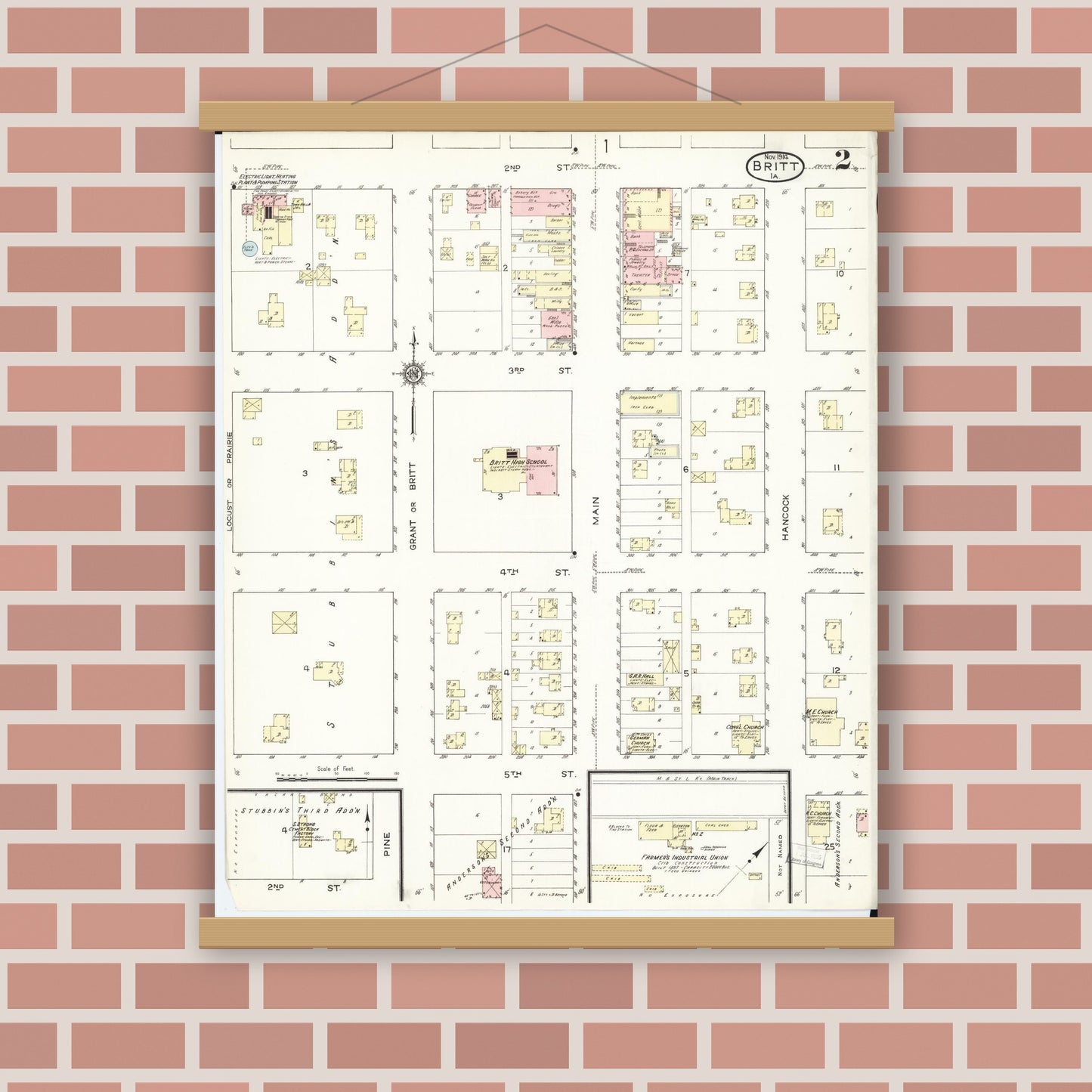 Old map wall art mockup — magnetic wood frame on brick wall — Sanborn Fire Insurance Map from Britt, Hancock County, Iowa (1914), Sheet #0002