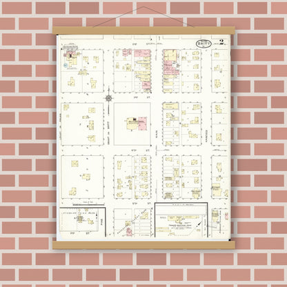 Old map wall art mockup — magnetic wood frame on brick wall — Sanborn Fire Insurance Map from Britt, Hancock County, Iowa (1914), Sheet #0002