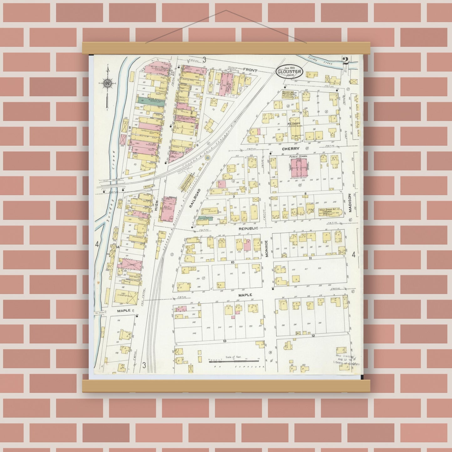 Old map wall art mockup — magnetic wood frame on brick wall — Sanborn Fire Insurance Map from Glouster, Athens County, Ohio (1910), Sheet #0002