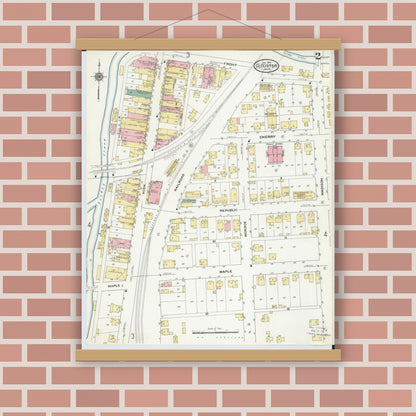 Old map wall art mockup — magnetic wood frame on brick wall — Sanborn Fire Insurance Map from Glouster, Athens County, Ohio (1910), Sheet #0002