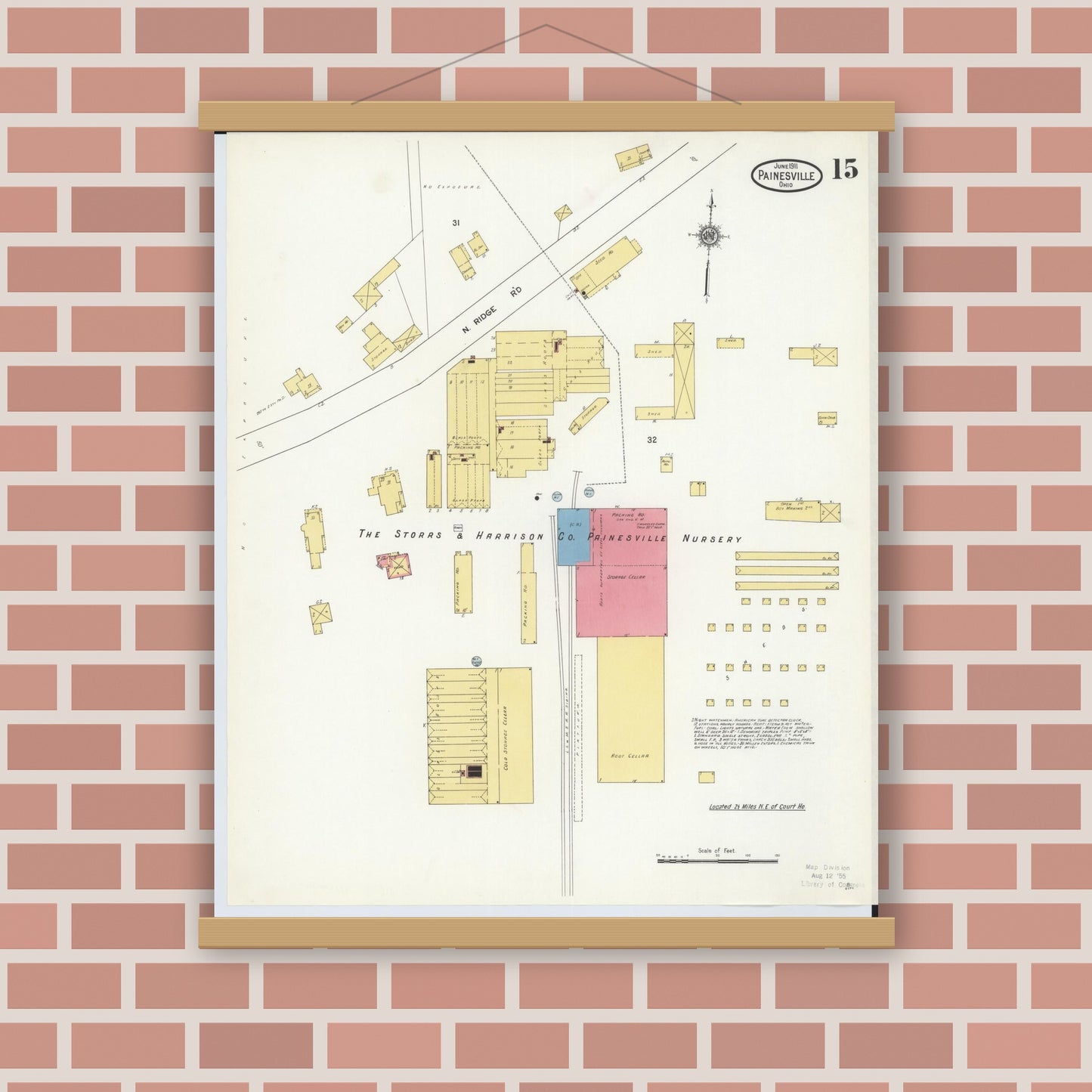 Old map wall art mockup — magnetic wood frame on brick wall — Sanborn Fire Insurance Map from Painesville, Lake County, Ohio (1911), Sheet #0015