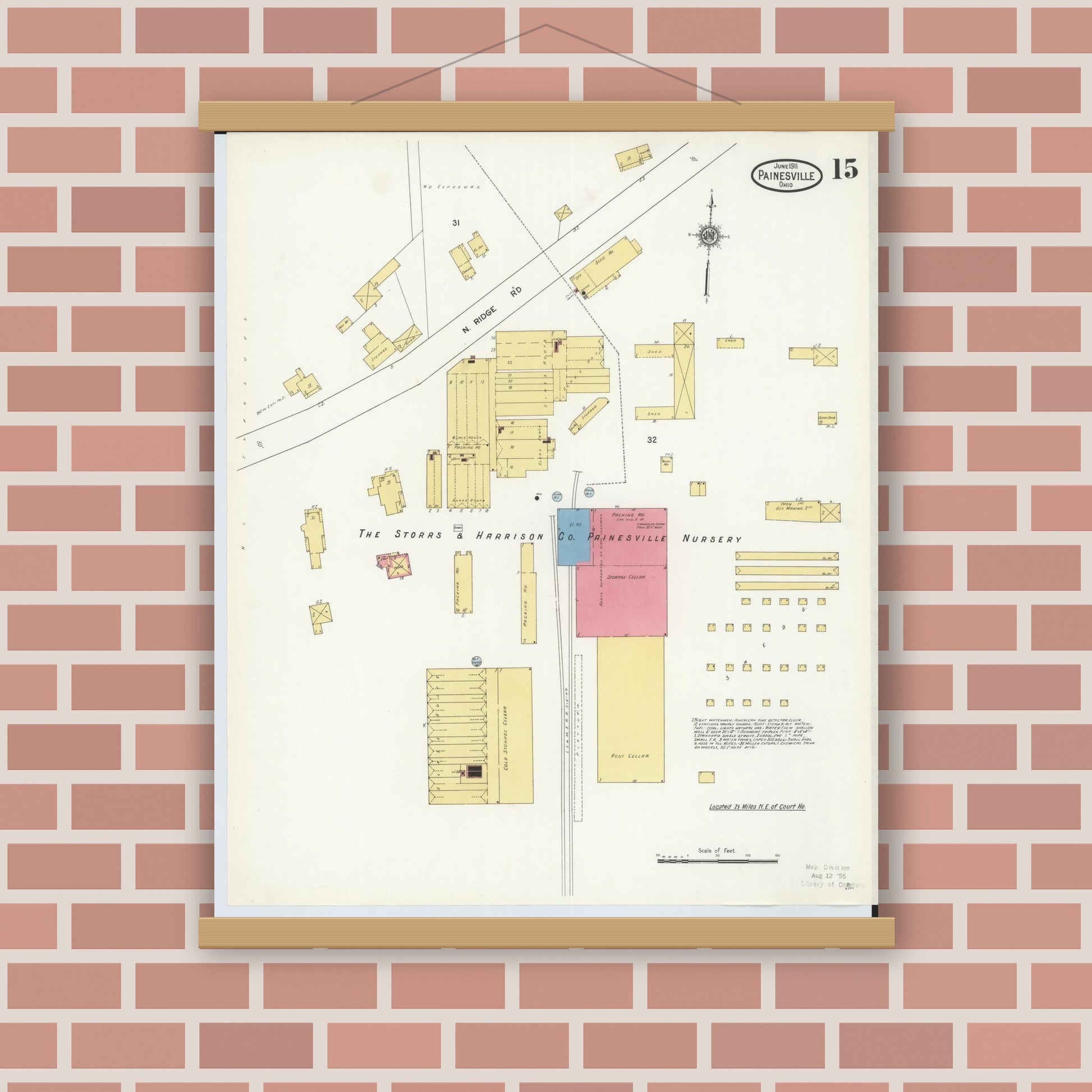 Old map wall art mockup — magnetic wood frame on brick wall — Sanborn Fire Insurance Map from Painesville, Lake County, Ohio (1911), Sheet #0015