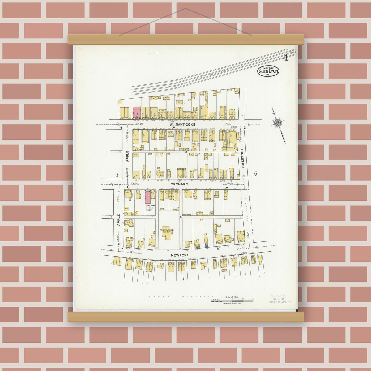 Old map wall art mockup — magnetic wood frame on brick wall — Sanborn Fire Insurance Map from Glen Lyon, Luzerne County, Pennsylvania (1921), Sheet #0004