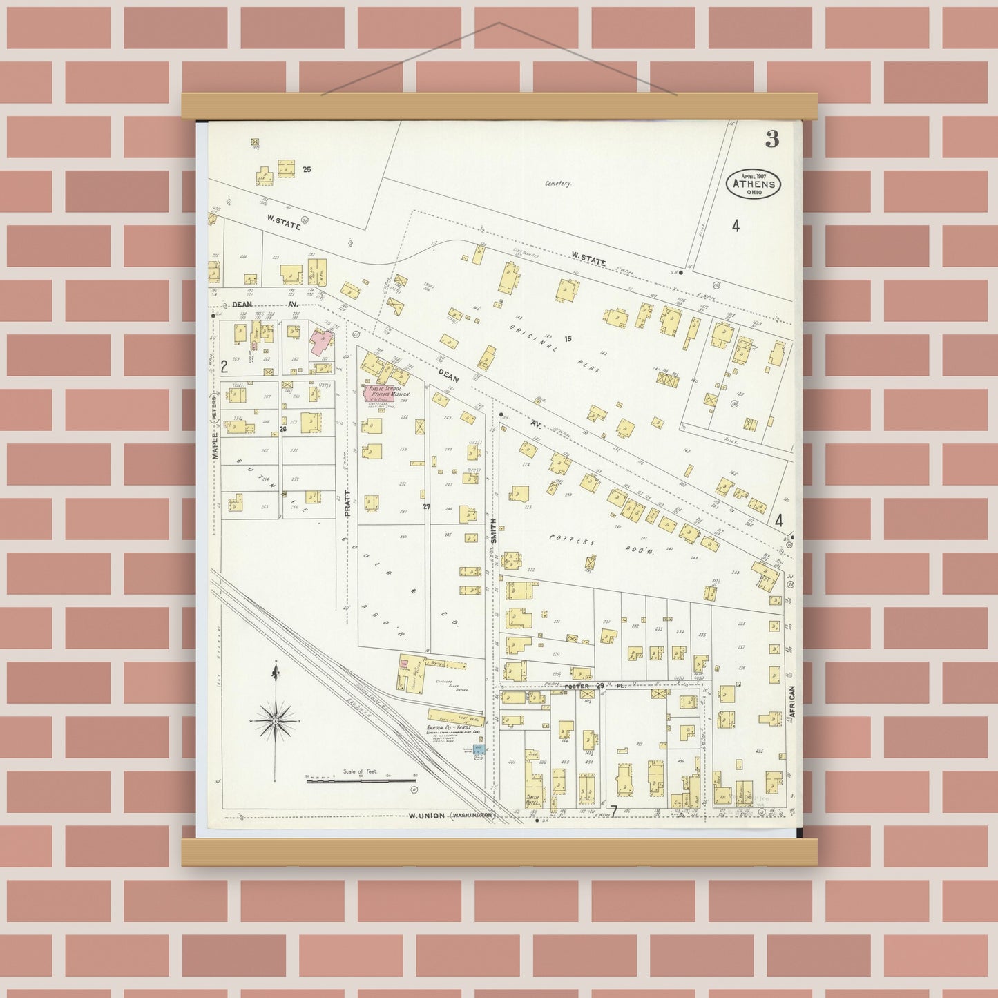 Old map wall art mockup — magnetic wood frame on brick wall — Sanborn Fire Insurance Map from Athens, Athens County, Ohio (1907), Sheet #0003