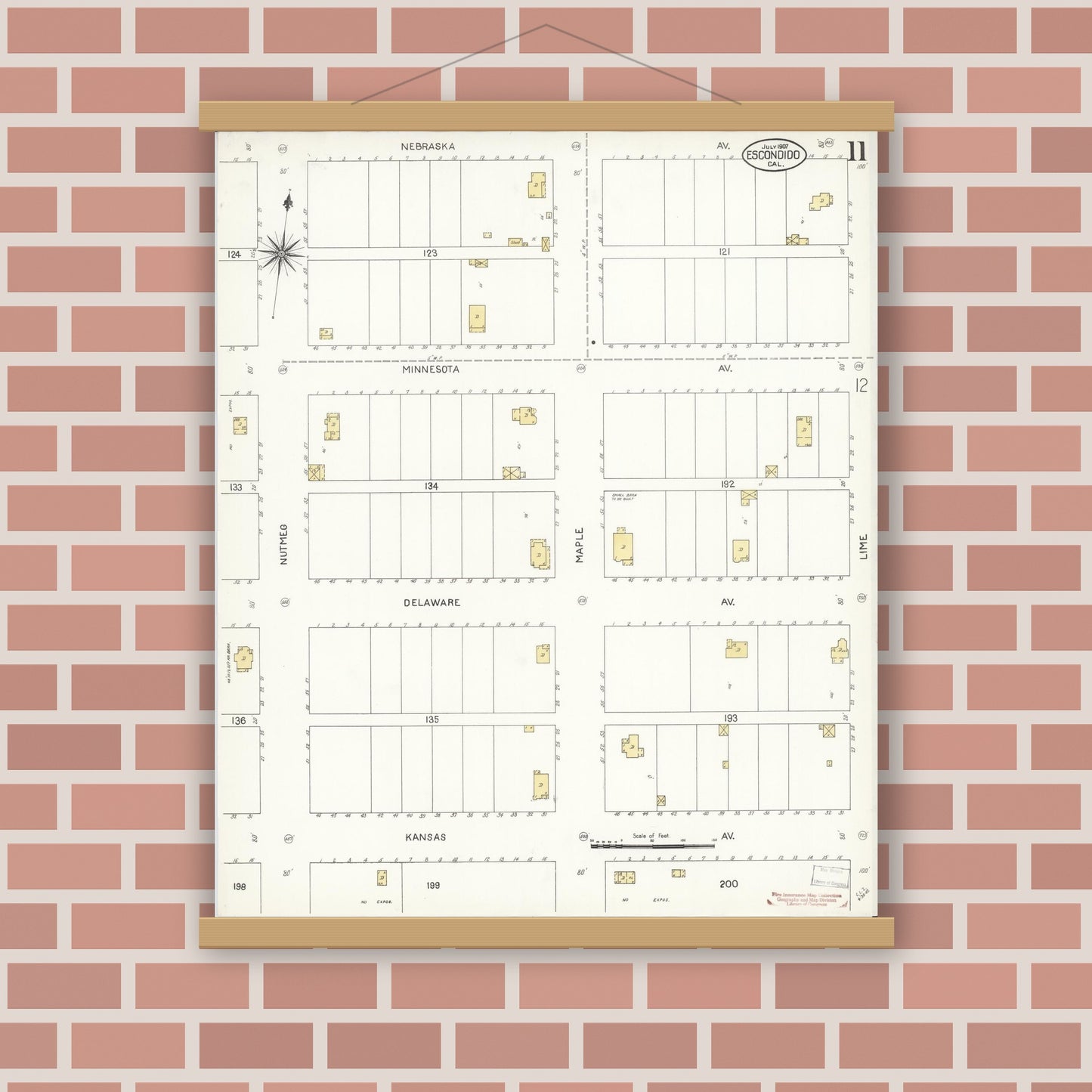 Old map wall art mockup — magnetic wood frame on brick wall — Sanborn Fire Insurance Map from Escondido, San Diego County, California (1907), Sheet #0011