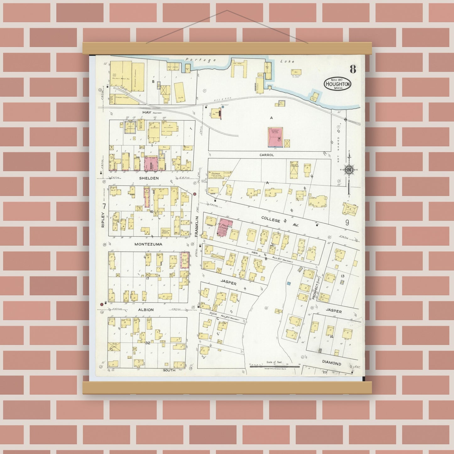 Old map wall art mockup — magnetic wood frame on brick wall — Sanborn Fire Insurance Map from Houghton, Houghton County, Michigan (1917), Sheet #0008