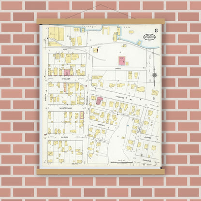 Old map wall art mockup — magnetic wood frame on brick wall — Sanborn Fire Insurance Map from Houghton, Houghton County, Michigan (1917), Sheet #0008