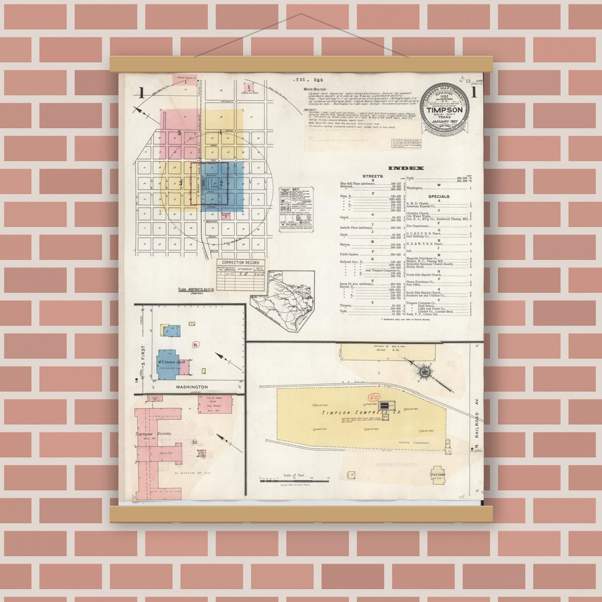 Old map wall art mockup — magnetic wood frame on brick wall — Sanborn Fire Insurance Map from Timpson, Shelby County, Texas (1941) - Complete Map Set