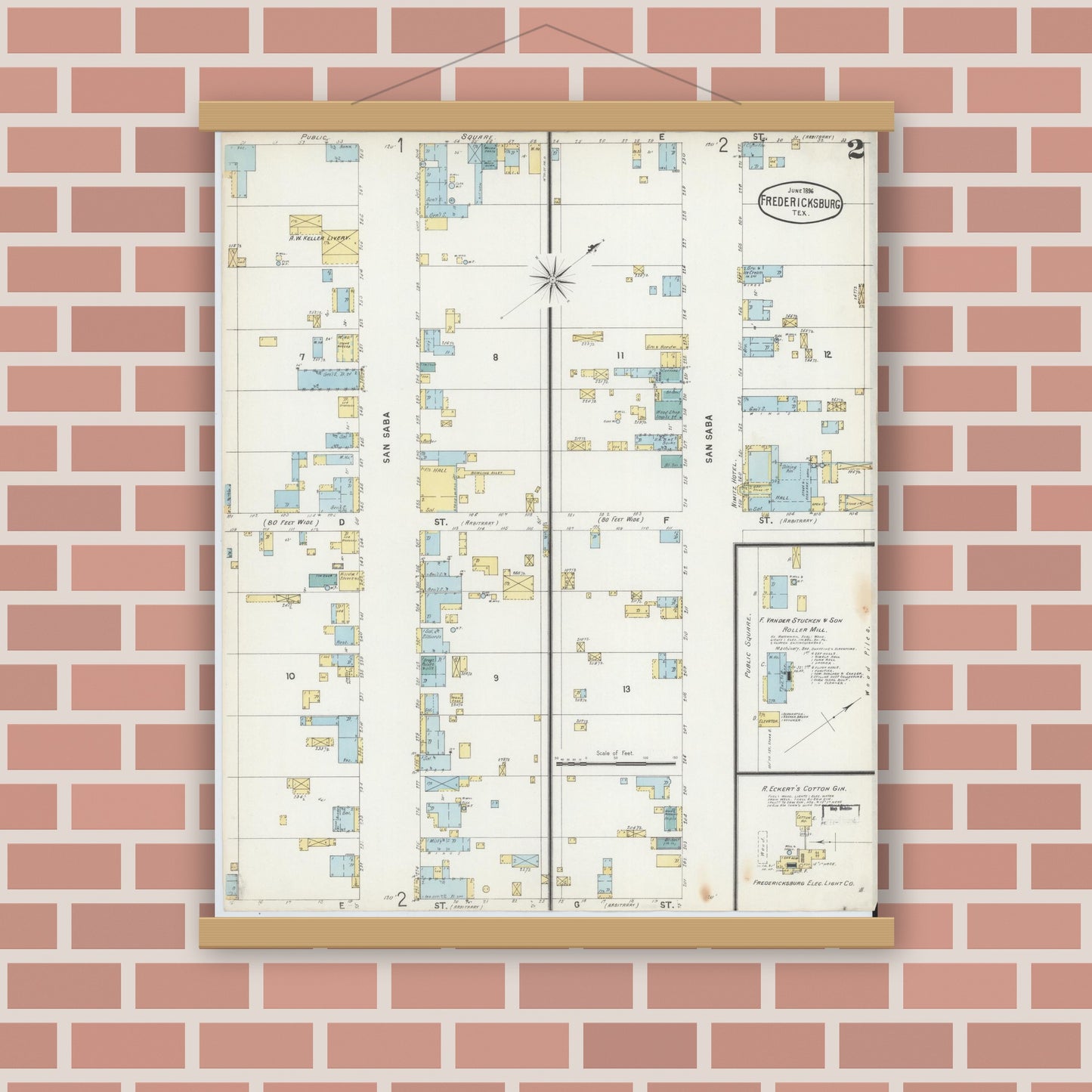 Old map wall art mockup — magnetic wood frame on brick wall — Sanborn Fire Insurance Map from Fredericksburg, Gillespie County, Texas (1896), Sheet #0002
