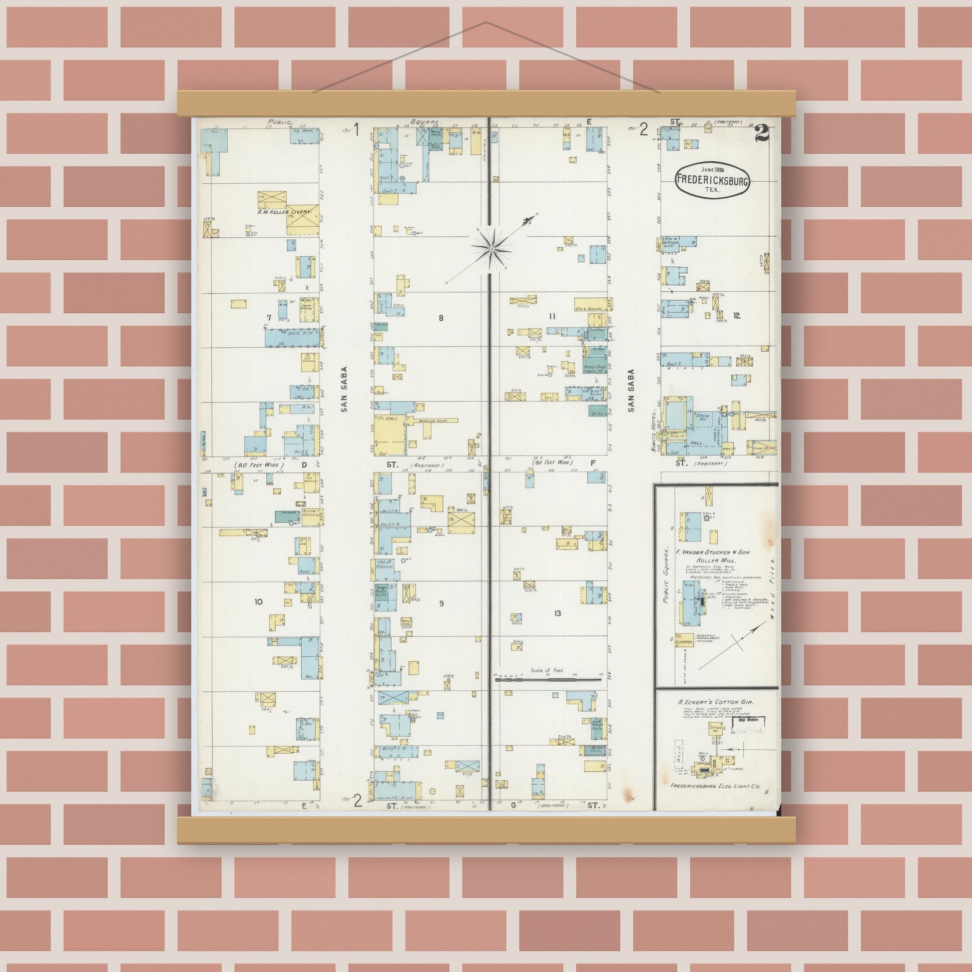 Old map wall art mockup — magnetic wood frame on brick wall — Sanborn Fire Insurance Map from Fredericksburg, Gillespie County, Texas (1896), Sheet #0002