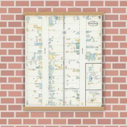 Old map wall art mockup — magnetic wood frame on brick wall — Sanborn Fire Insurance Map from Fredericksburg, Gillespie County, Texas (1896), Sheet #0002