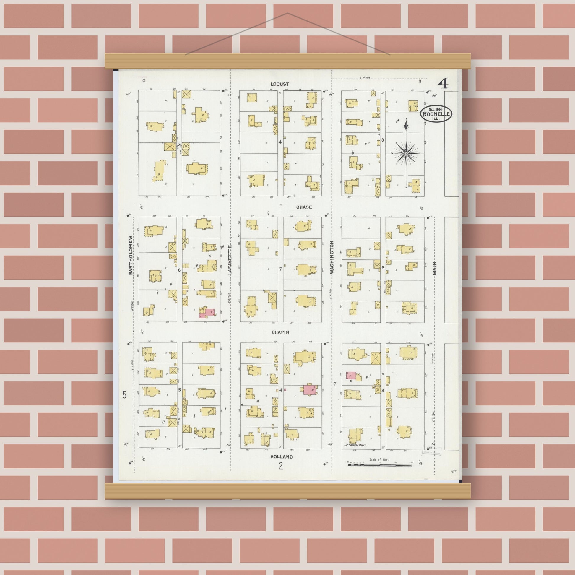 Old map wall art mockup — magnetic wood frame on brick wall — Sanborn Fire Insurance Map from Rochelle, Ogle County, Illinois (1904), Sheet #0004