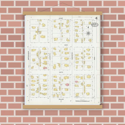 Old map wall art mockup — magnetic wood frame on brick wall — Sanborn Fire Insurance Map from Rochelle, Ogle County, Illinois (1904), Sheet #0004