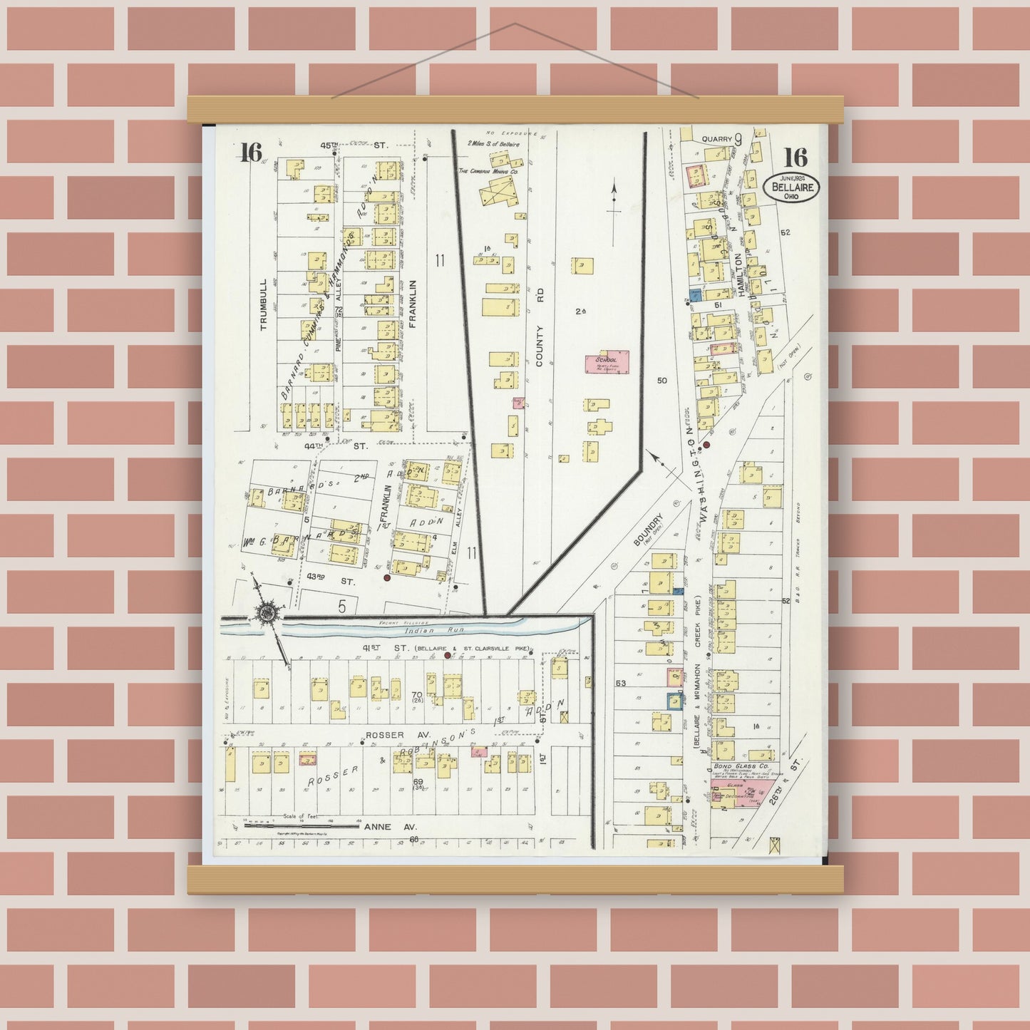 Old map wall art mockup — magnetic wood frame on brick wall — Sanborn Fire Insurance Map from Bellaire, Belmont County, Ohio (1924), Sheet #0016