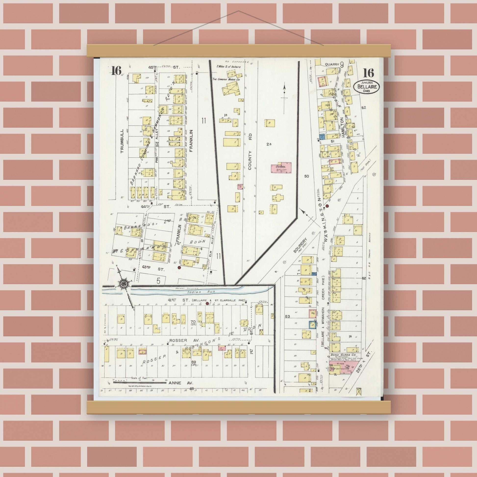 Old map wall art mockup — magnetic wood frame on brick wall — Sanborn Fire Insurance Map from Bellaire, Belmont County, Ohio (1924), Sheet #0016