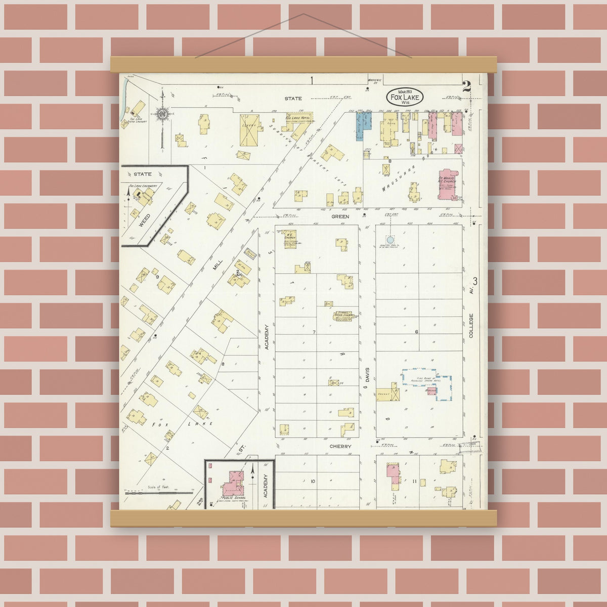 Old map wall art mockup — magnetic wood frame on brick wall — Sanborn Fire Insurance Map from Fox Lake, Dodge County, Wisconsin (1913), Sheet #0002