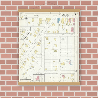 Old map wall art mockup — magnetic wood frame on brick wall — Sanborn Fire Insurance Map from Fox Lake, Dodge County, Wisconsin (1913), Sheet #0002