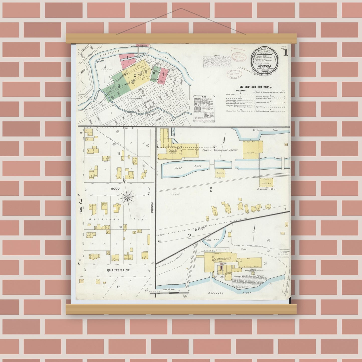 Old map wall art mockup — magnetic wood frame on brick wall — Sanborn Fire Insurance Map from Newaygo, Newaygo County, Michigan (1899) - Complete Map Set