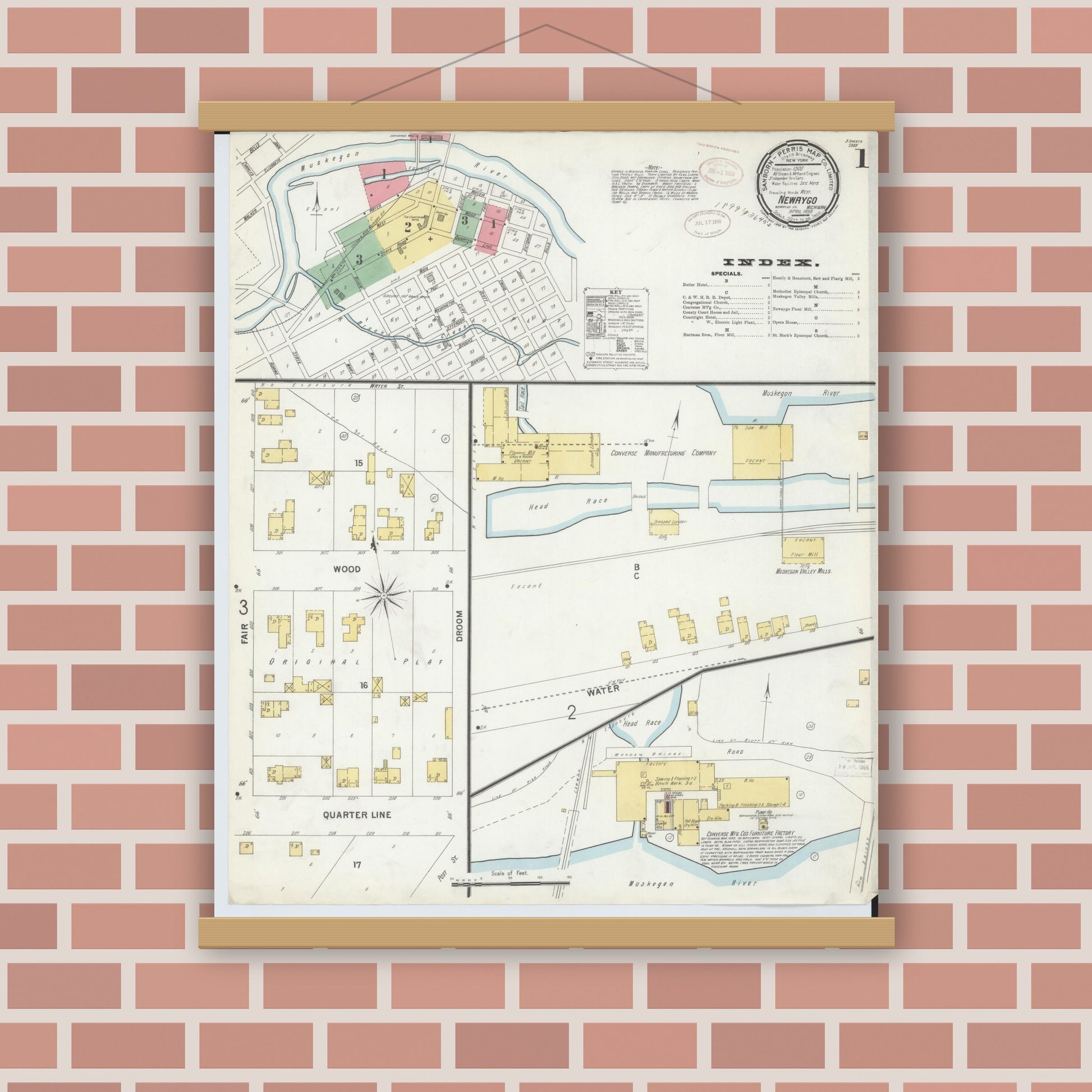 Old map wall art mockup — magnetic wood frame on brick wall — Sanborn Fire Insurance Map from Newaygo, Newaygo County, Michigan (1899) - Complete Map Set