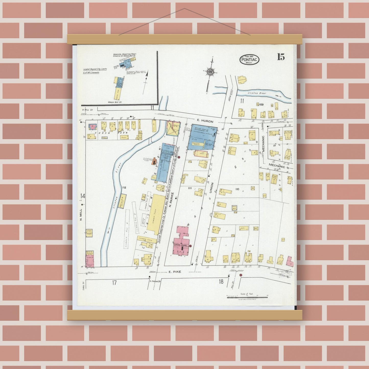 Old map wall art mockup — magnetic wood frame on brick wall — Sanborn Fire Insurance Map from Pontiac, Oakland County, Michigan (1919), Sheet #0015