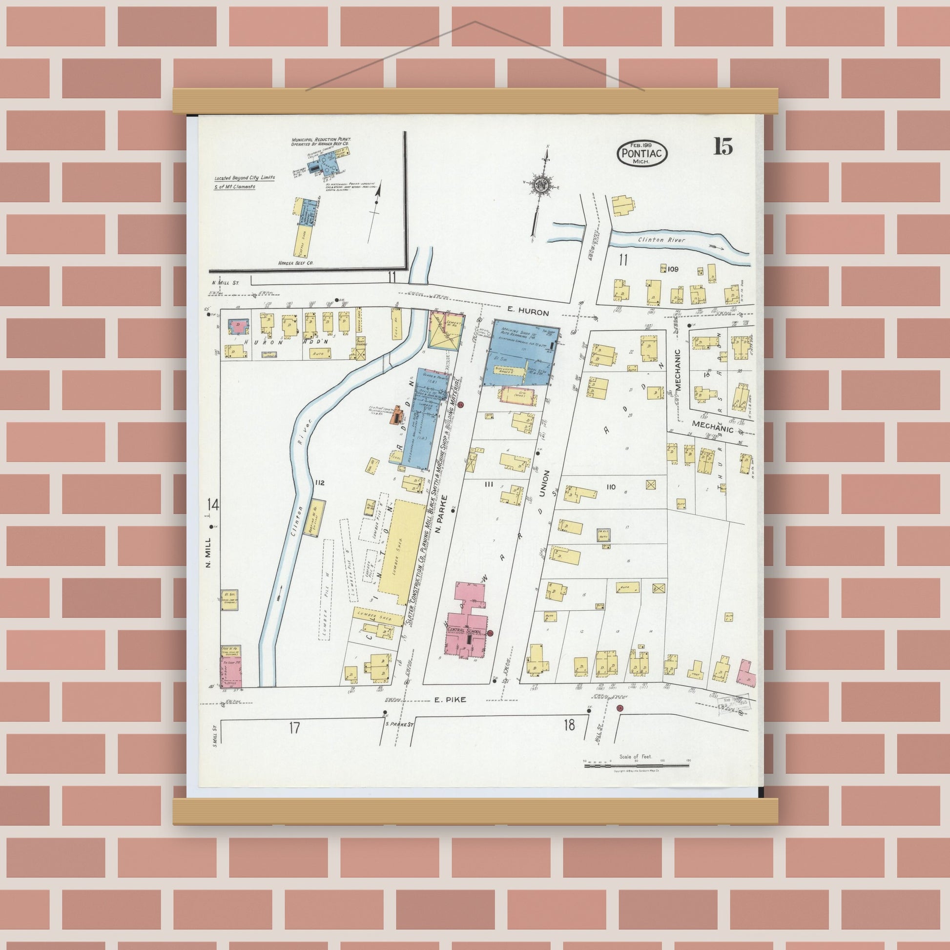 Old map wall art mockup — magnetic wood frame on brick wall — Sanborn Fire Insurance Map from Pontiac, Oakland County, Michigan (1919), Sheet #0015