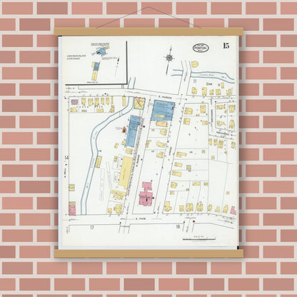 Old map wall art mockup — magnetic wood frame on brick wall — Sanborn Fire Insurance Map from Pontiac, Oakland County, Michigan (1919), Sheet #0015