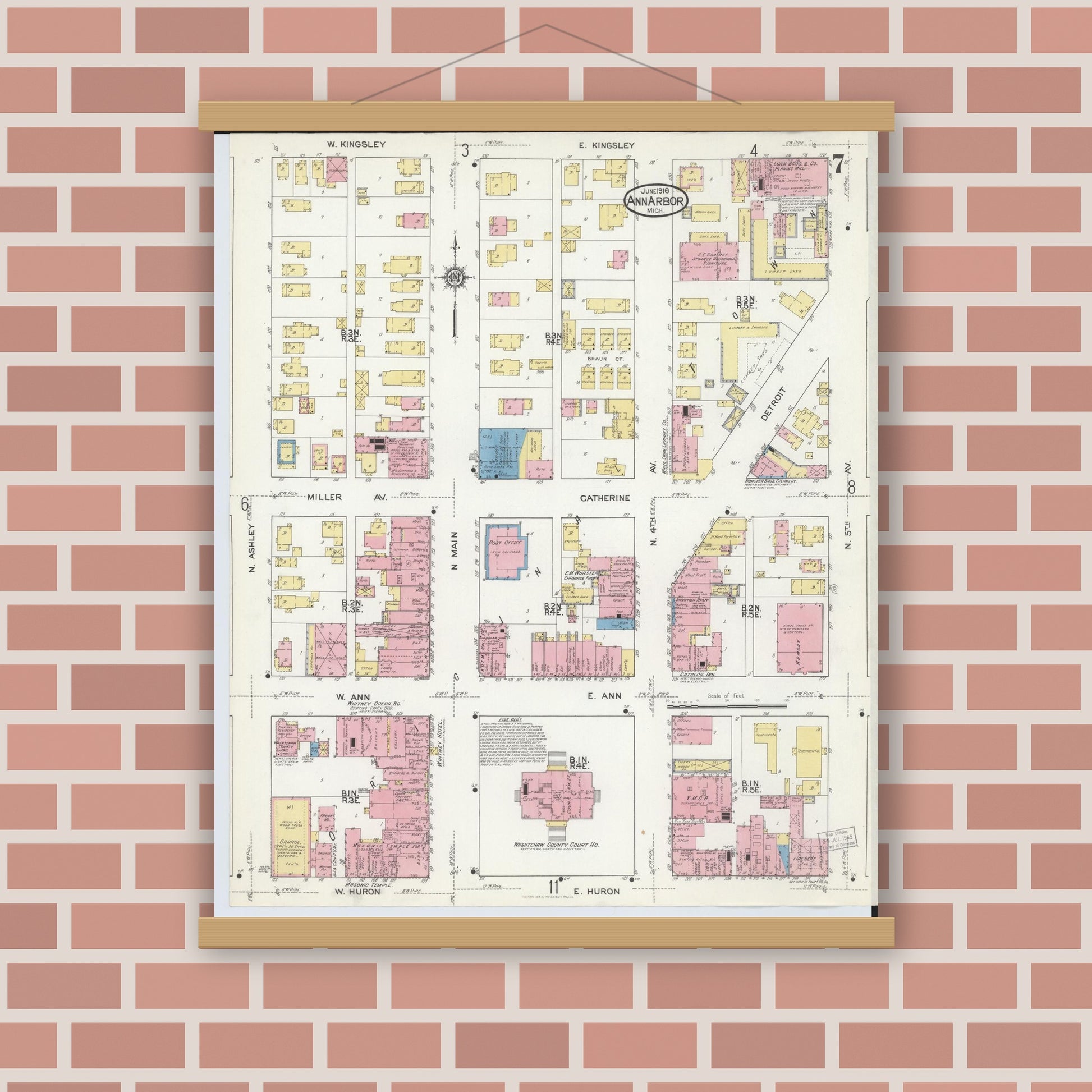Old map wall art mockup — magnetic wood frame on brick wall — Sanborn Fire Insurance Map from Ann Arbor, Washtenaw County, Michigan (1916), Sheet #0007