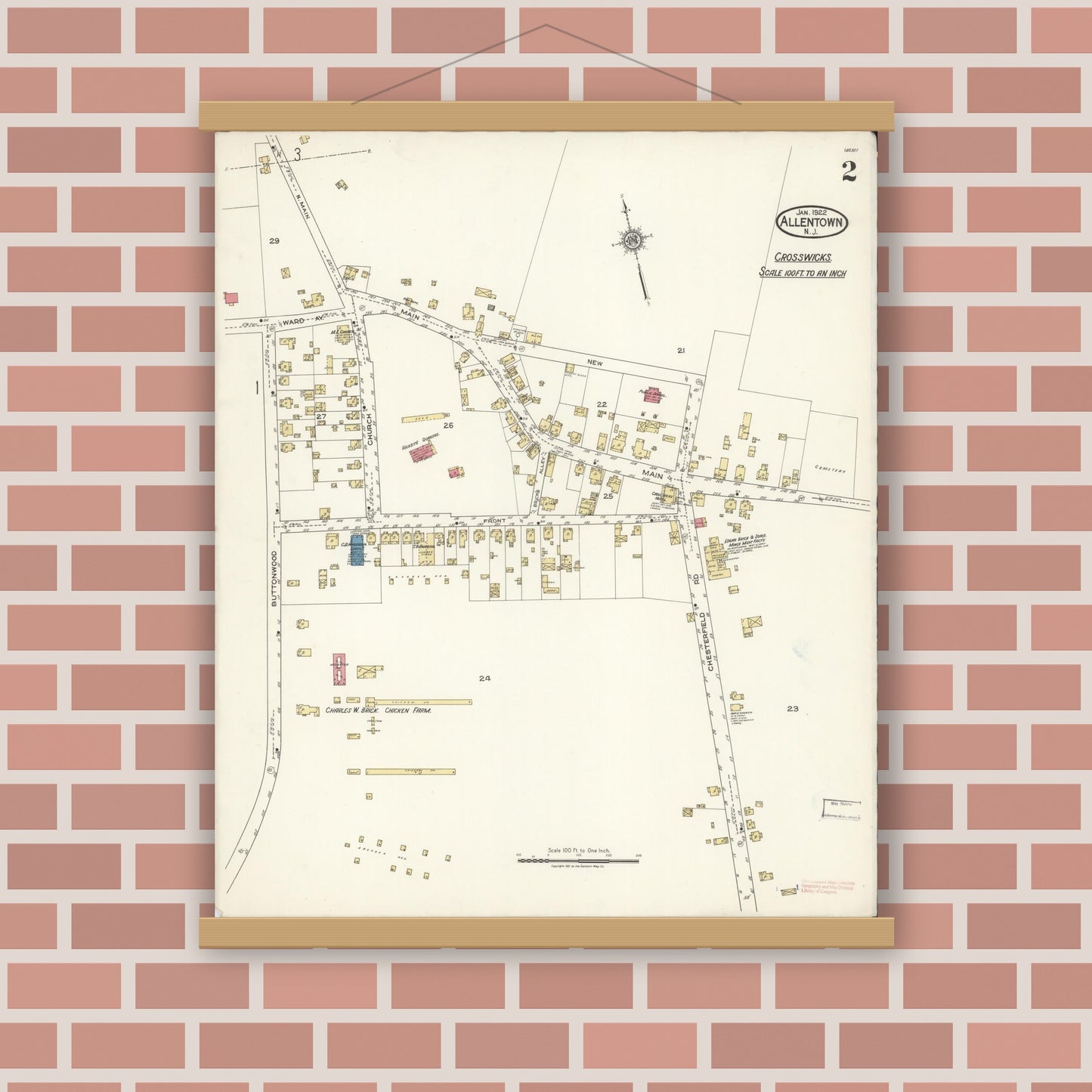 Old map wall art mockup — magnetic wood frame on brick wall — Sanborn Fire Insurance Map from Allentown, Monmouth County, New Jersey (1922), Sheet #0002