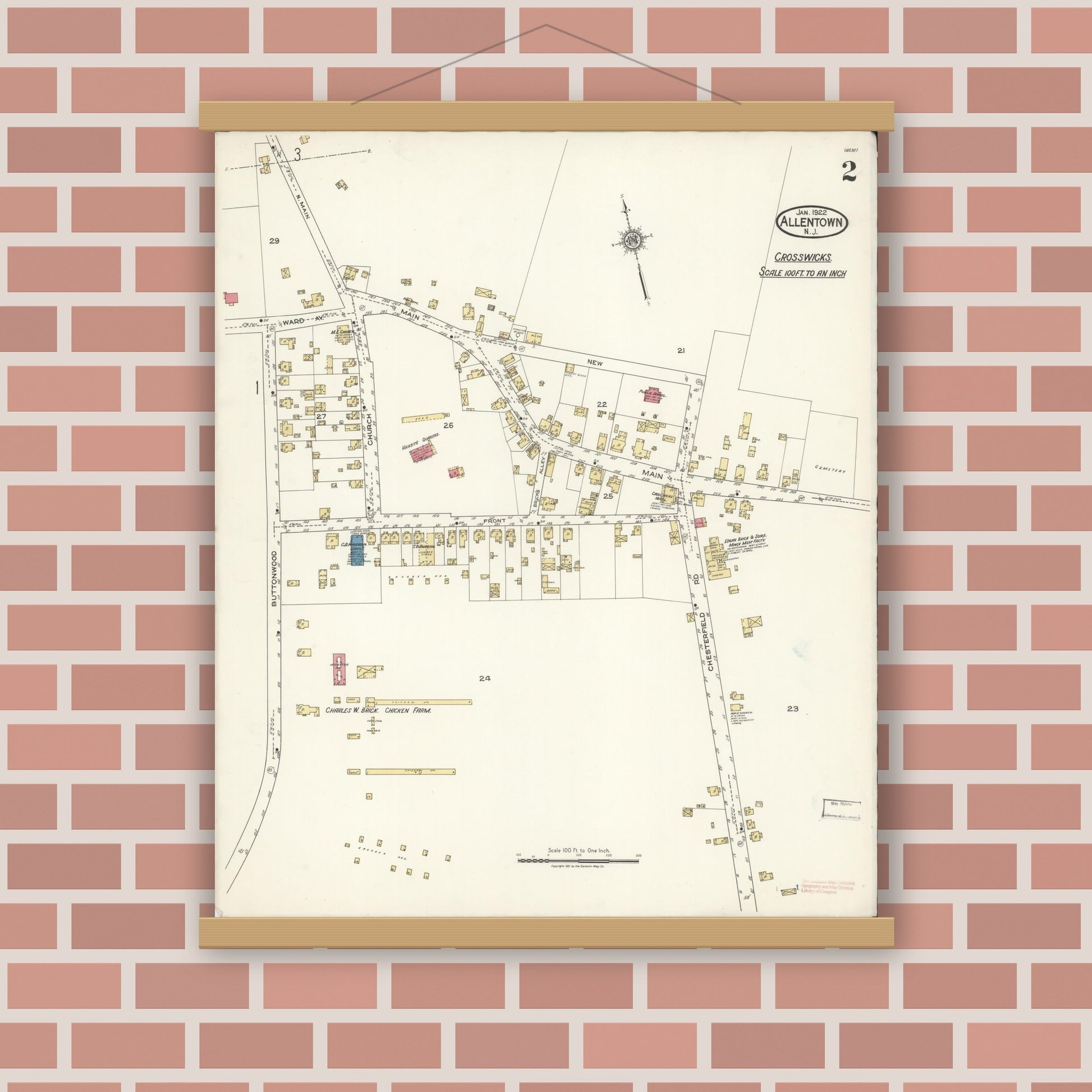 Old map wall art mockup — magnetic wood frame on brick wall — Sanborn Fire Insurance Map from Allentown, Monmouth County, New Jersey (1922), Sheet #0002