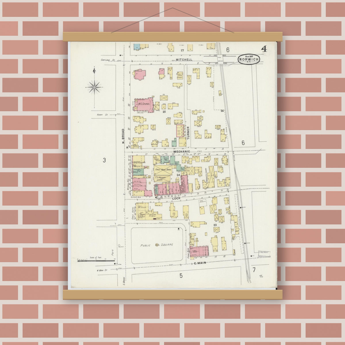 Old map wall art mockup — magnetic wood frame on brick wall — Sanborn Fire Insurance Map from Norwich, Chenango County, New York (1897), Sheet #0004