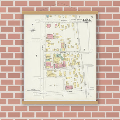Old map wall art mockup — magnetic wood frame on brick wall — Sanborn Fire Insurance Map from Norwich, Chenango County, New York (1897), Sheet #0004