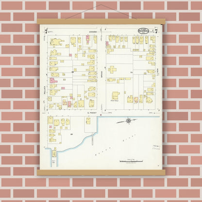 Old map wall art mockup — magnetic wood frame on brick wall — Sanborn Fire Insurance Map from New Bern, Craven County, North Carolina (1924), Sheet #0007