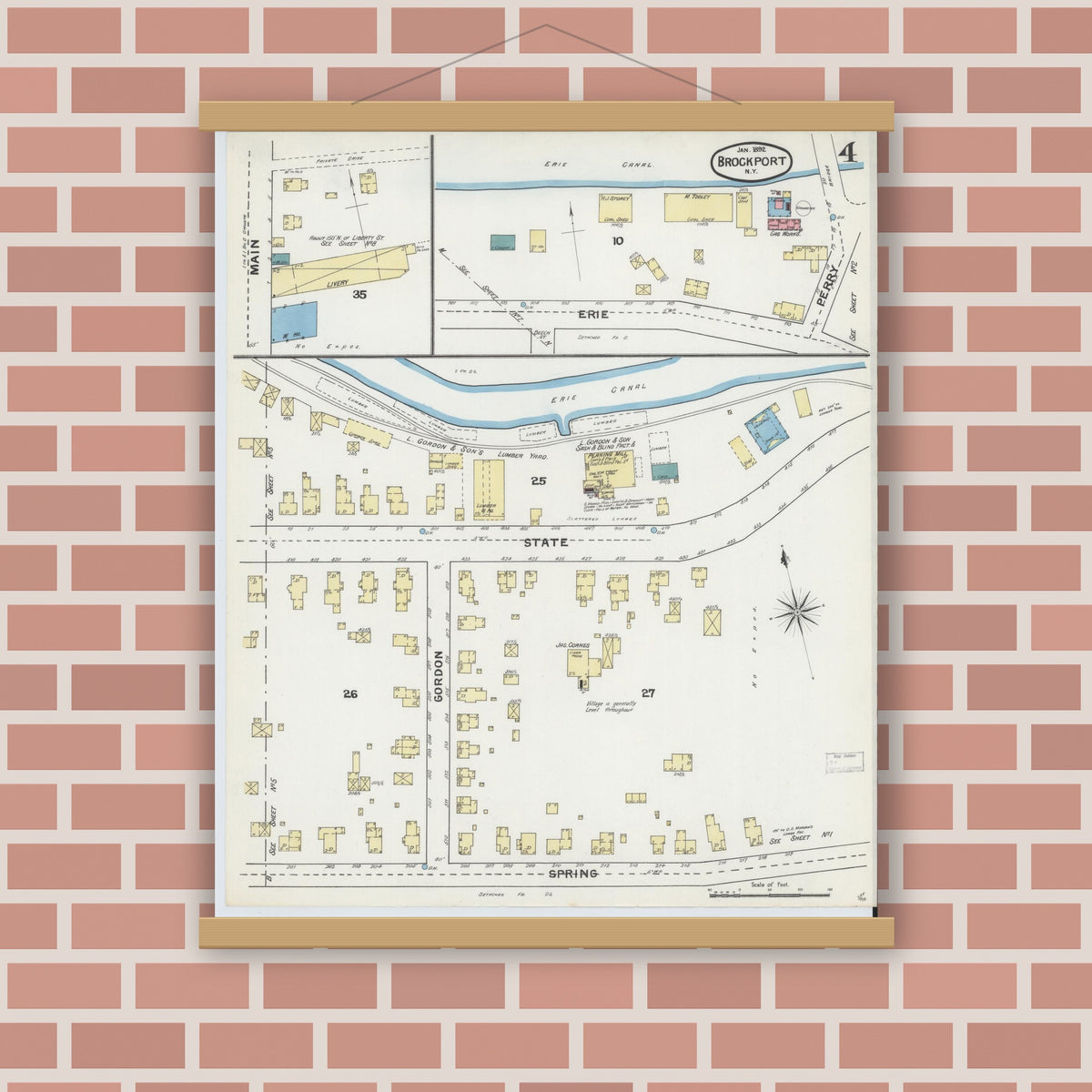 Old map wall art mockup — magnetic wood frame on brick wall — Sanborn Fire Insurance Map from Brockport, Monroe County, New York (1892), Sheet #0004