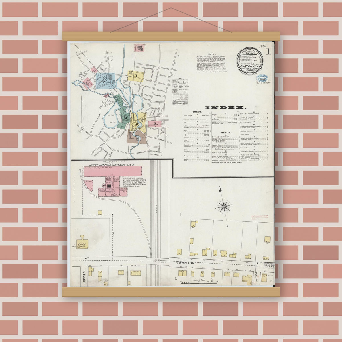 Old map wall art mockup — magnetic wood frame on brick wall — Sanborn Fire Insurance Map from Winchester, Middlesex County, Massachusetts (1894), Sheet #0001