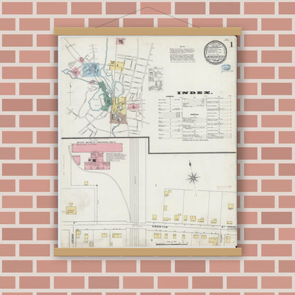 Old map wall art mockup — magnetic wood frame on brick wall — Sanborn Fire Insurance Map from Winchester, Middlesex County, Massachusetts (1894), Sheet #0001