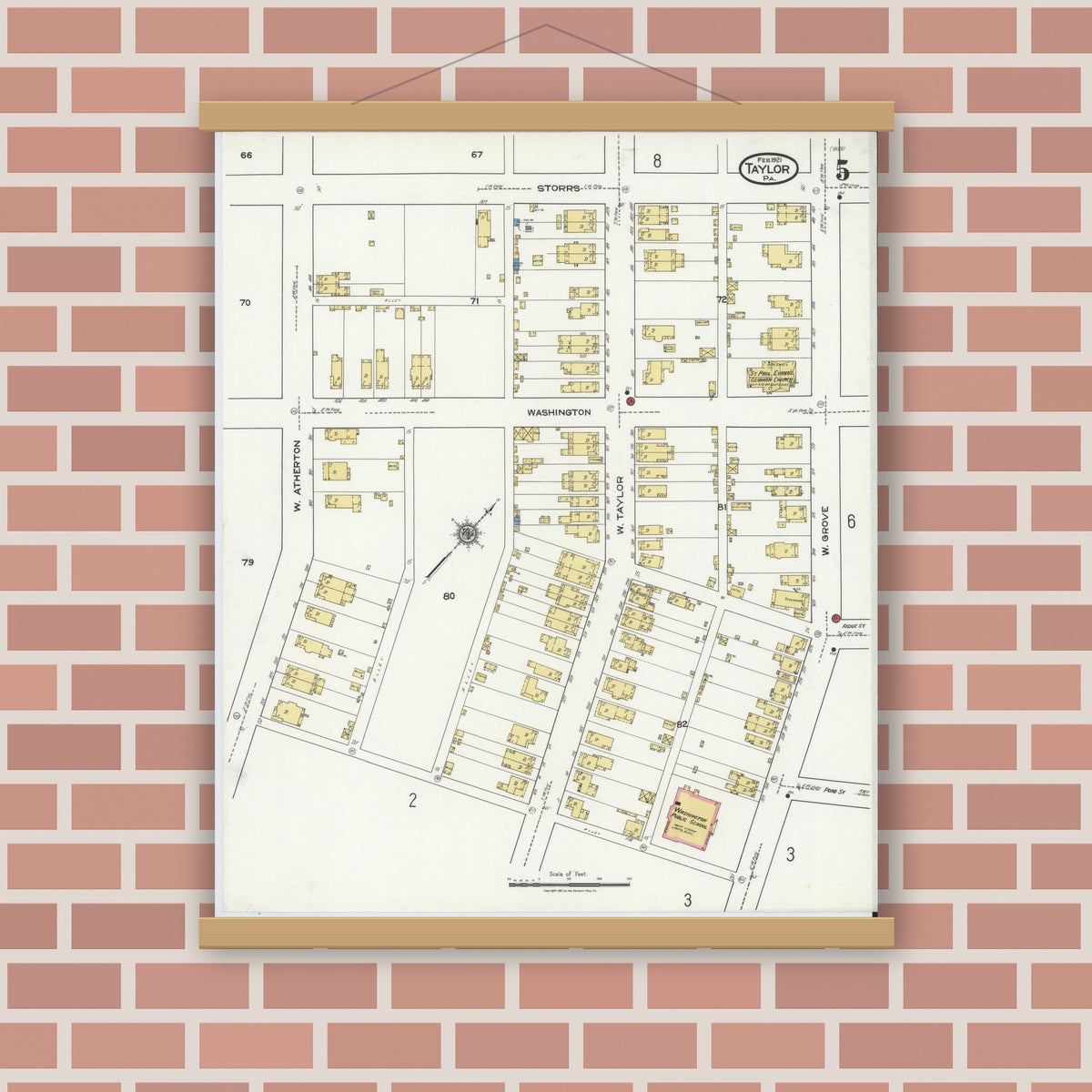 Old map wall art mockup — magnetic wood frame on brick wall — Sanborn Fire Insurance Map from Taylor, Lackawanna County, Pennsylvania (1921), Sheet #0005