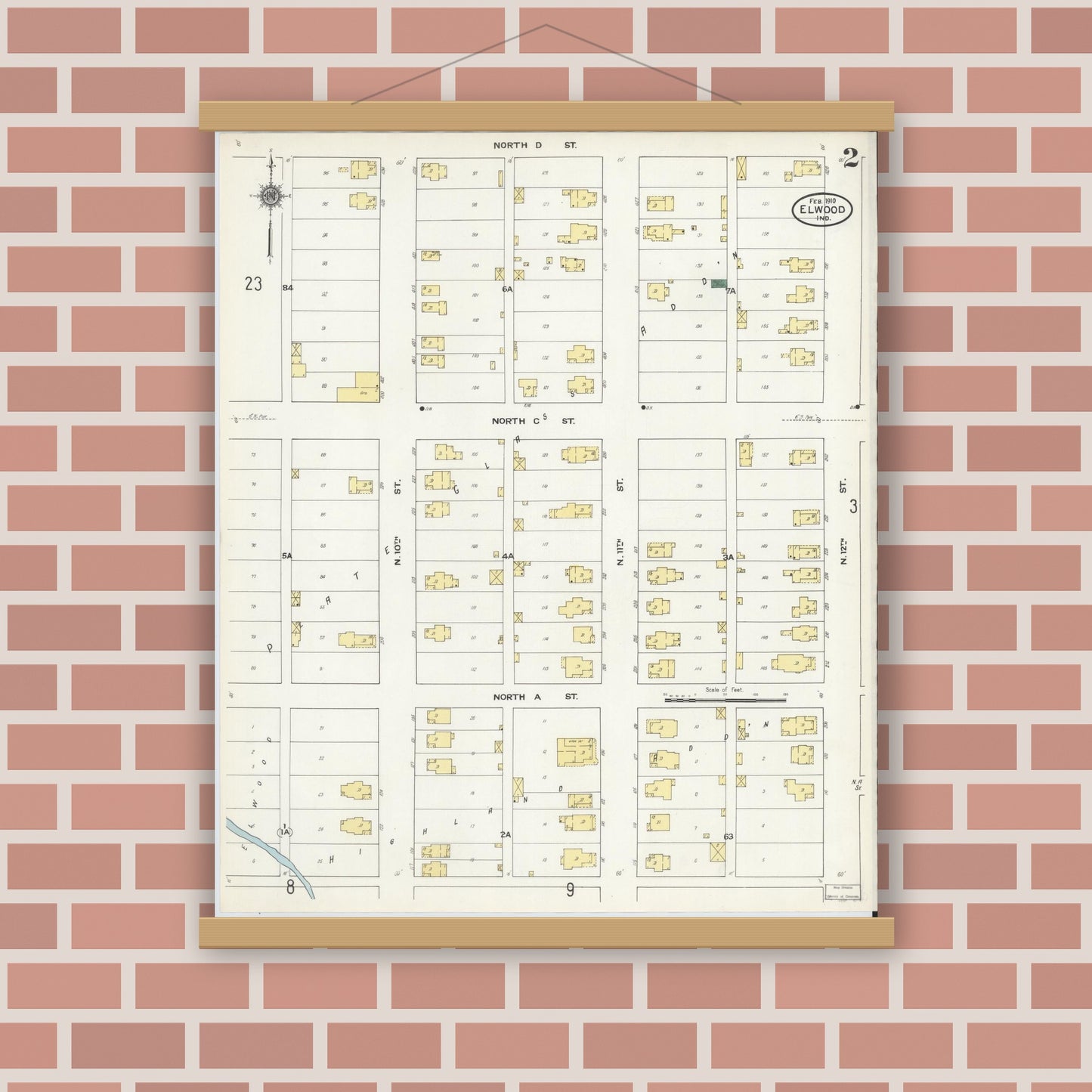 Old map wall art mockup — magnetic wood frame on brick wall — Sanborn Fire Insurance Map from Elwood, Madison County, Indiana (1910), Sheet #0002