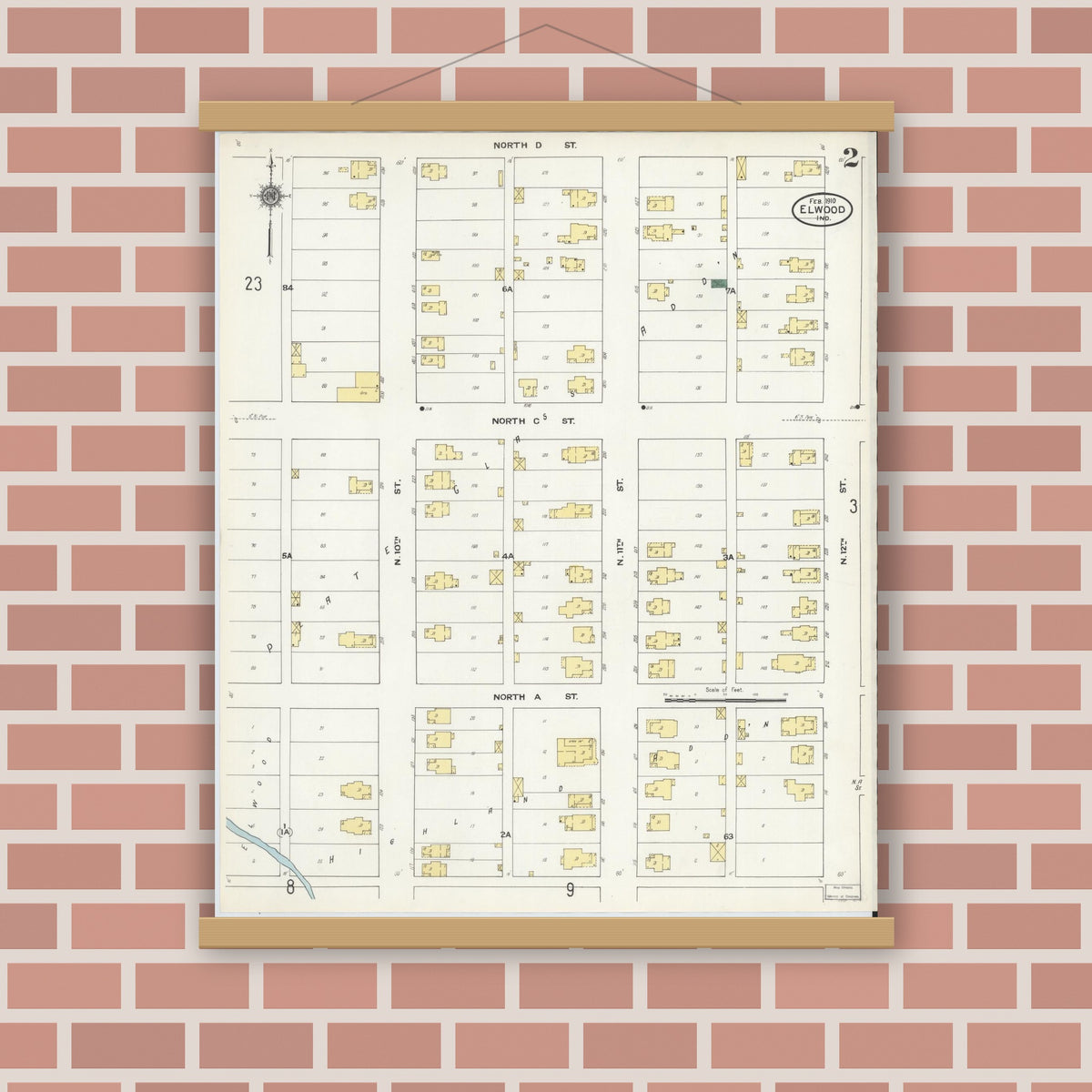 Old map wall art mockup — magnetic wood frame on brick wall — Sanborn Fire Insurance Map from Elwood, Madison County, Indiana (1910), Sheet #0002