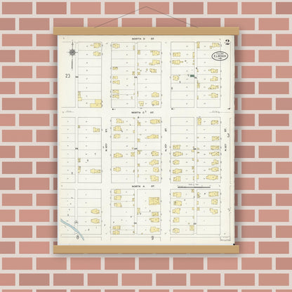 Old map wall art mockup — magnetic wood frame on brick wall — Sanborn Fire Insurance Map from Elwood, Madison County, Indiana (1910), Sheet #0002