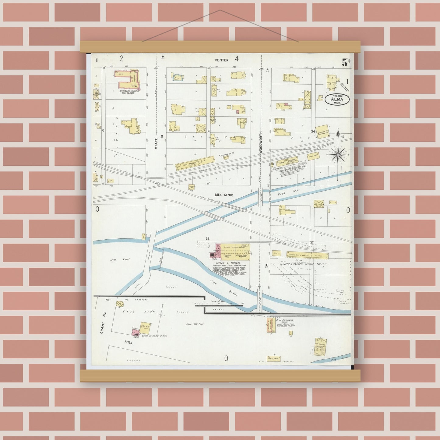 Old map wall art mockup — magnetic wood frame on brick wall — Sanborn Fire Insurance Map from Alma, Gratiot County, Michigan (1902), Sheet #0005