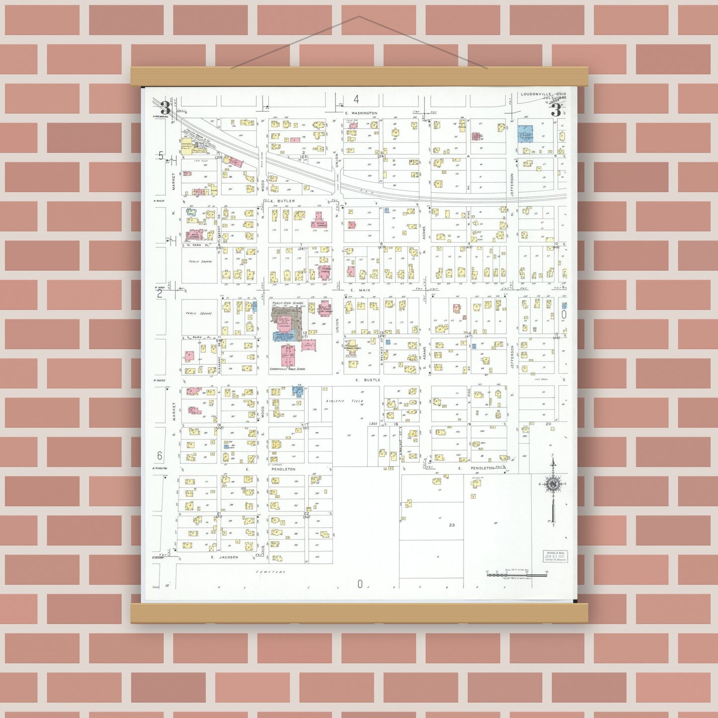 Old map wall art mockup — magnetic wood frame on brick wall — Sanborn Fire Insurance Map from Loudonville, Ashland County, Ohio (1950), Sheet #0003