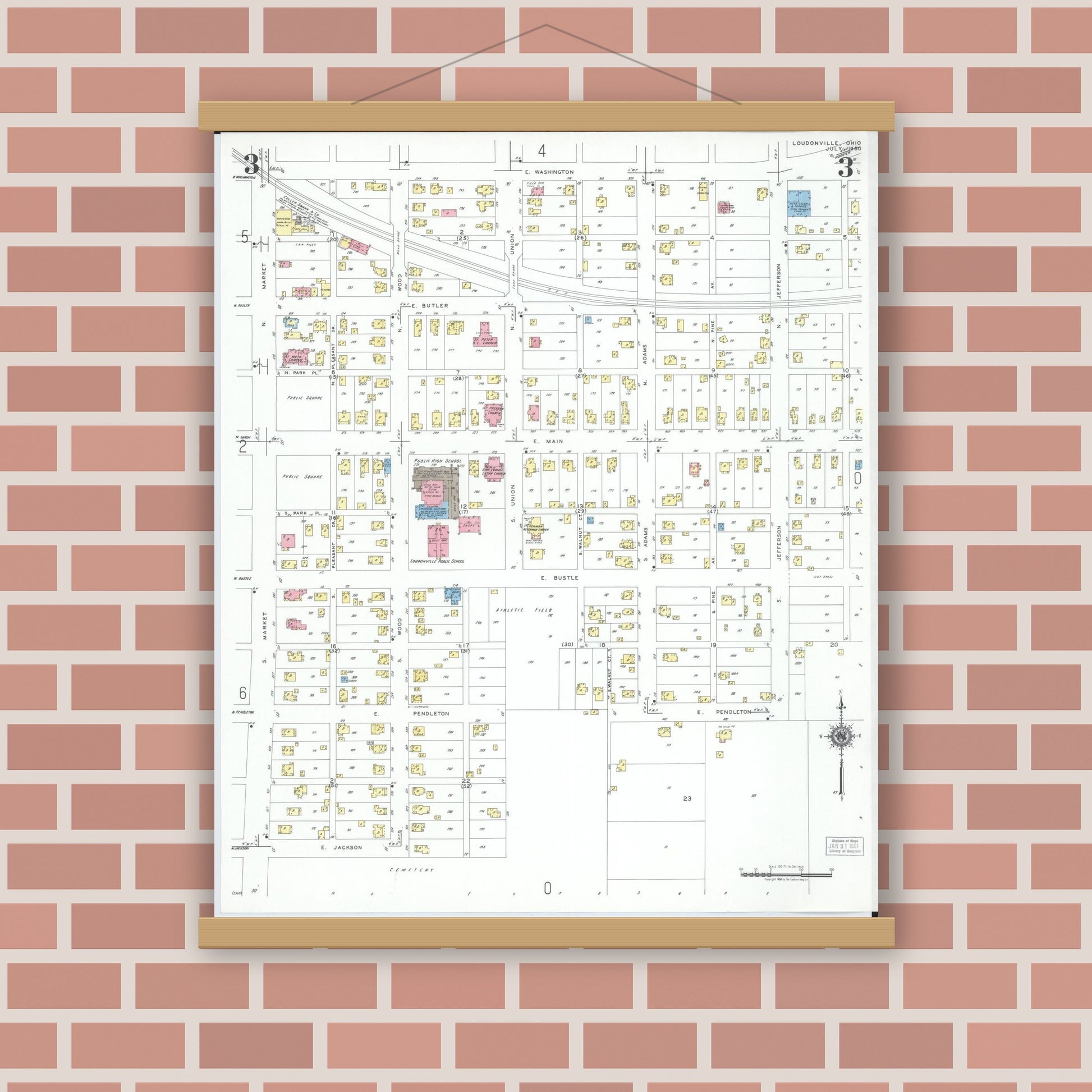 Old map wall art mockup — magnetic wood frame on brick wall — Sanborn Fire Insurance Map from Loudonville, Ashland County, Ohio (1950), Sheet #0003