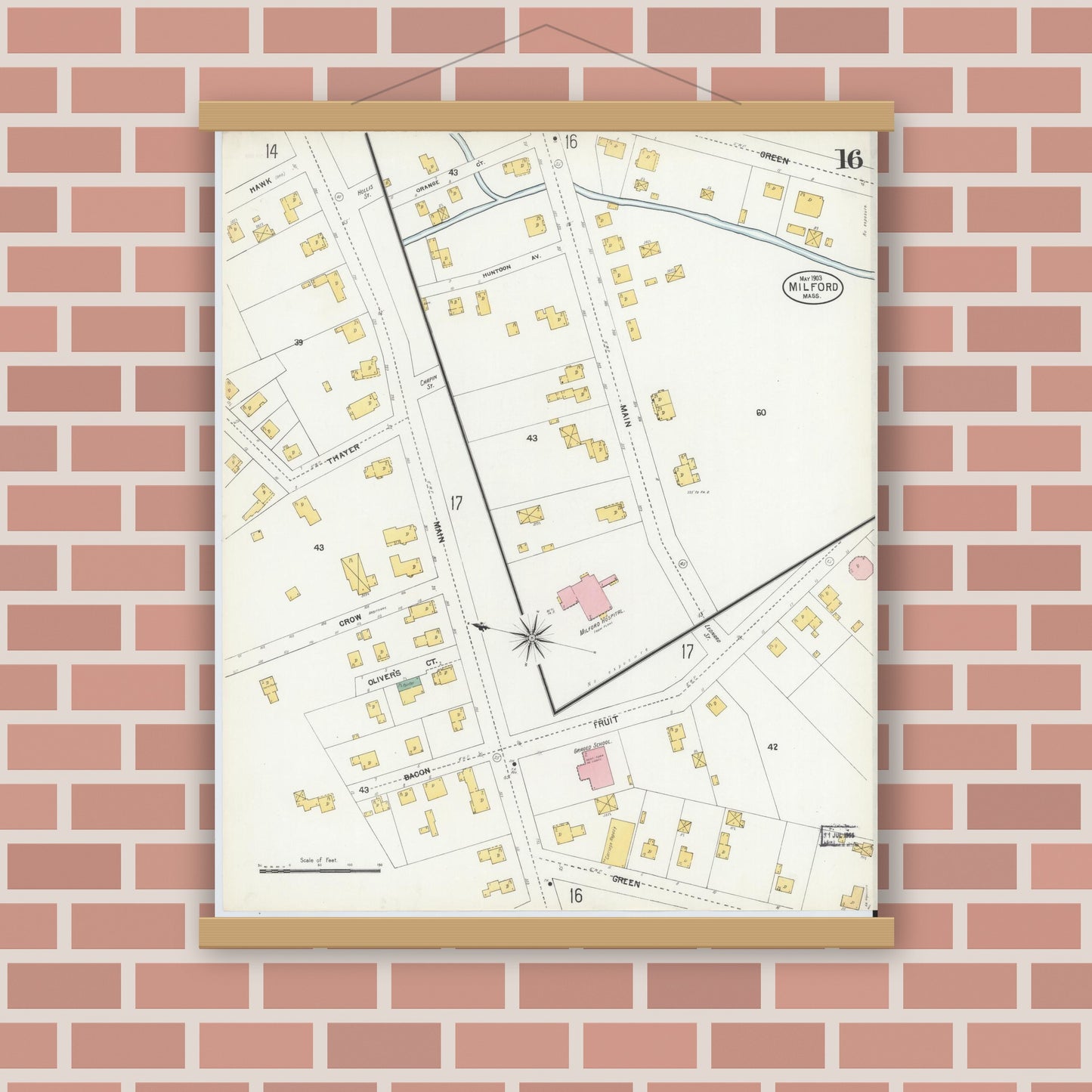 Old map wall art mockup — magnetic wood frame on brick wall — Sanborn Fire Insurance Map from Milford, Worcester County, Massachusetts (1903), Sheet #0016