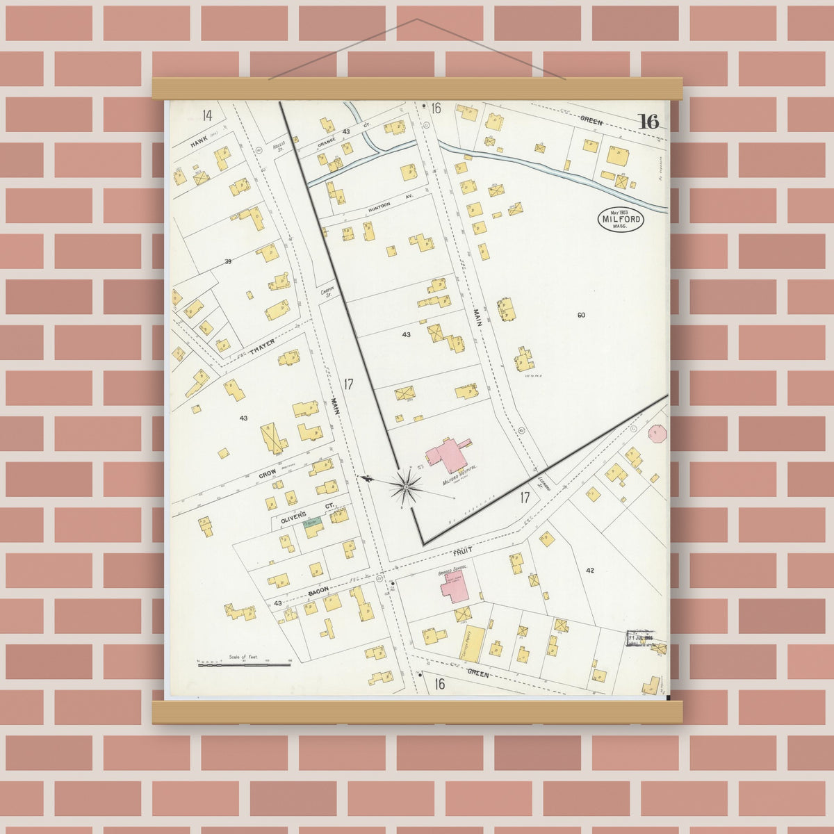 Old map wall art mockup — magnetic wood frame on brick wall — Sanborn Fire Insurance Map from Milford, Worcester County, Massachusetts (1903), Sheet #0016