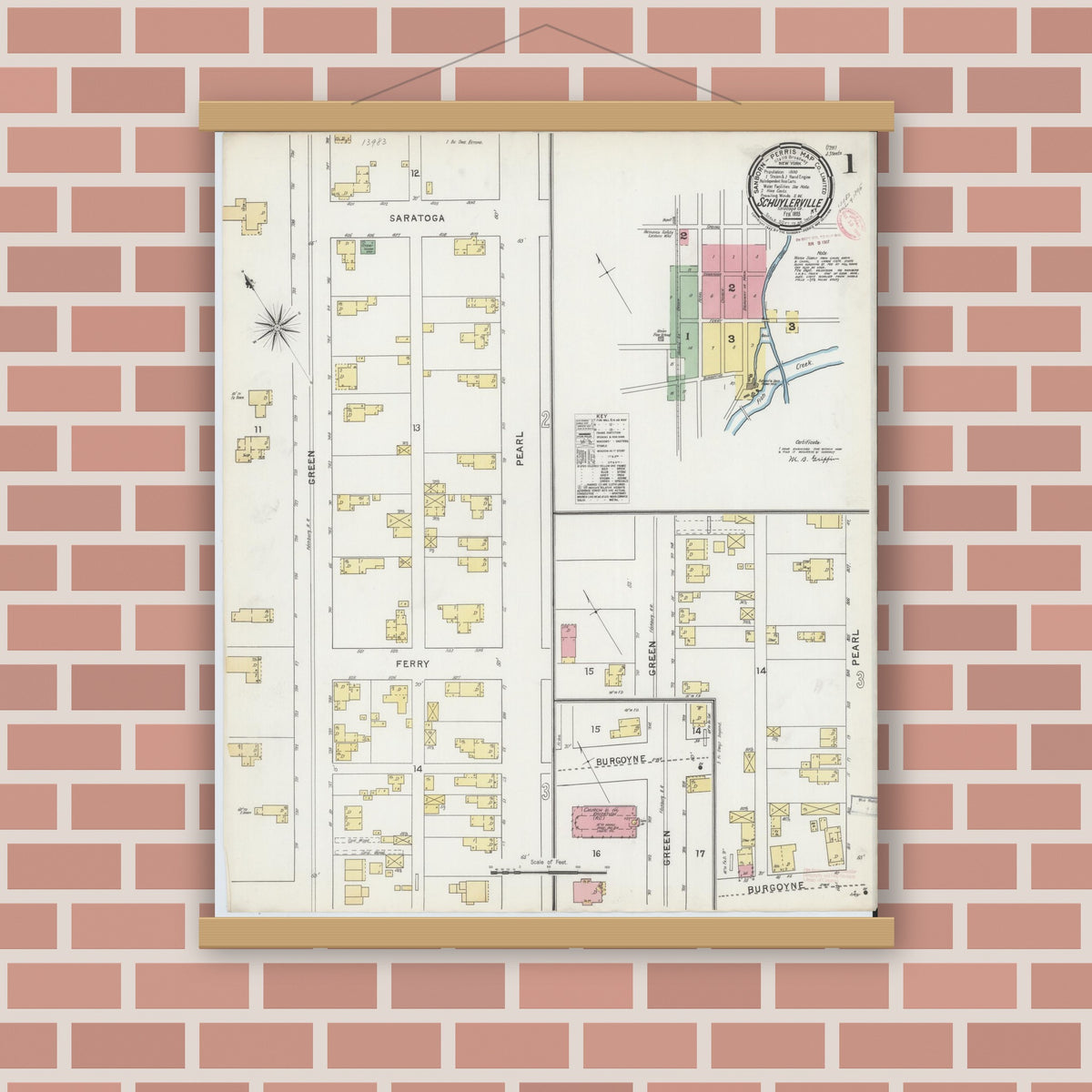 Old map wall art mockup — magnetic wood frame on brick wall — Sanborn Fire Insurance Map from Schuylerville, Saratoga County, New York (1895), Sheet #0001