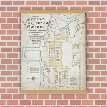 Old map wall art mockup — magnetic wood frame on brick wall — Sanborn Fire Insurance Map from Norfolk, Independent Cities, Virginia (1907), Sheet #0001