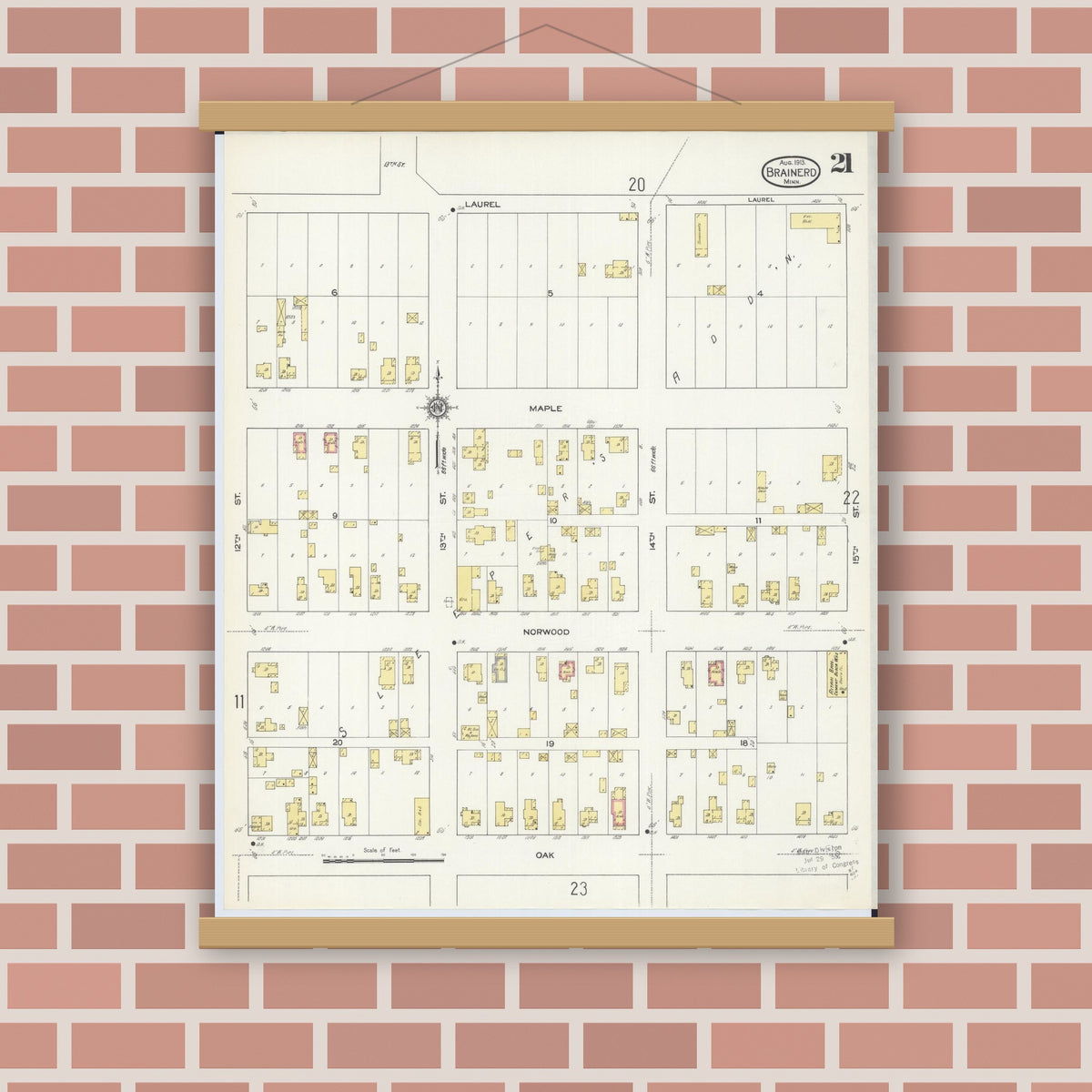 Old map wall art mockup — magnetic wood frame on brick wall — Sanborn Fire Insurance Map from Brainerd, Crow Wing County, Minnesota (1913), Sheet #0021