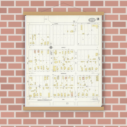 Old map wall art mockup — magnetic wood frame on brick wall — Sanborn Fire Insurance Map from Brainerd, Crow Wing County, Minnesota (1913), Sheet #0021